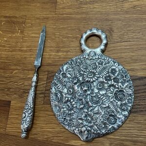 Antique Tiffany, Sterling mirror, repousse floral vanity set Art Nouveau